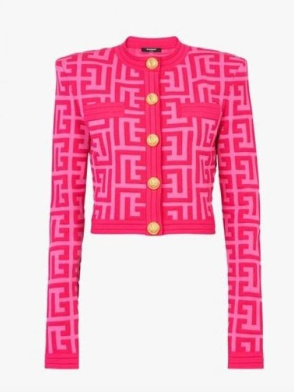 Balmain x Barbie Women's Cropped Monogram Cardigan Jacquard Wool Pink Sz 40